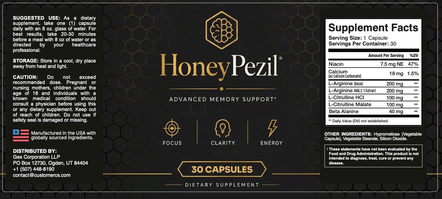 HoneyPezil label with Supplement Facts panel